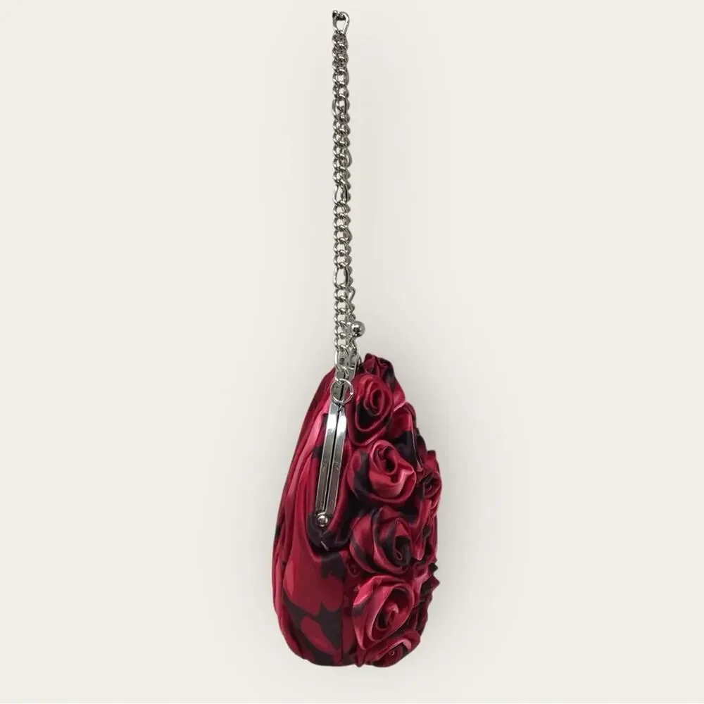 WHBM Rose Embellished Clutch Purse Small Pink & Red Floral Satin Handbag - Picture 3 of 9